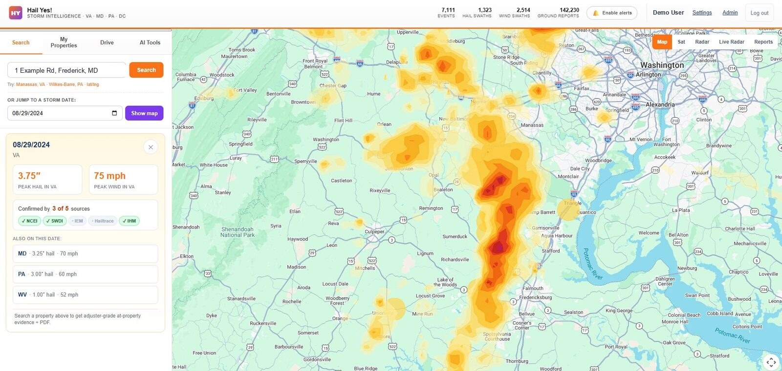 Hail Yes storm intelligence map showing hail swaths across Virginia and Maryland with peak hail size for a searched date